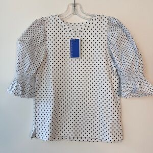 New! ADDISON & BAY Preppy Navy Blue Polka Dot Smocked Puff Sleeve Top $138